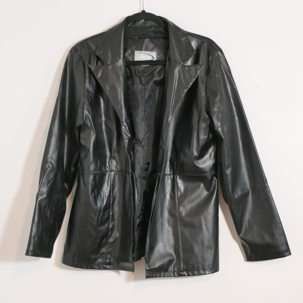 Rave Women Blazer L Black Faux Leather Y2K Cybercore Matrix Edgy Biker Moto Goth
